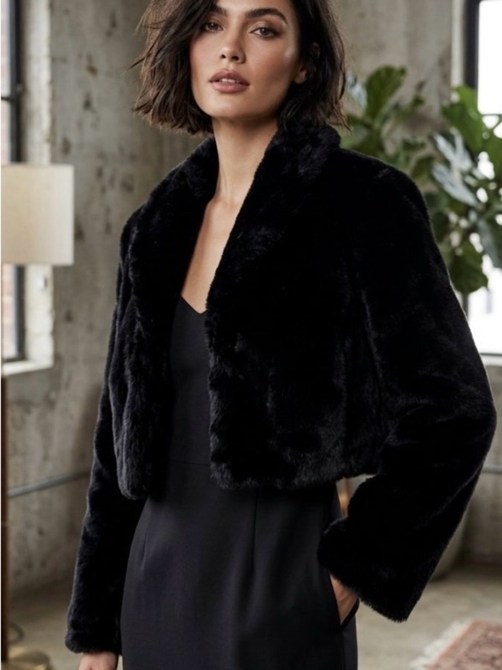 INC International Concepts Black Faux-Fur Cropped Jacket